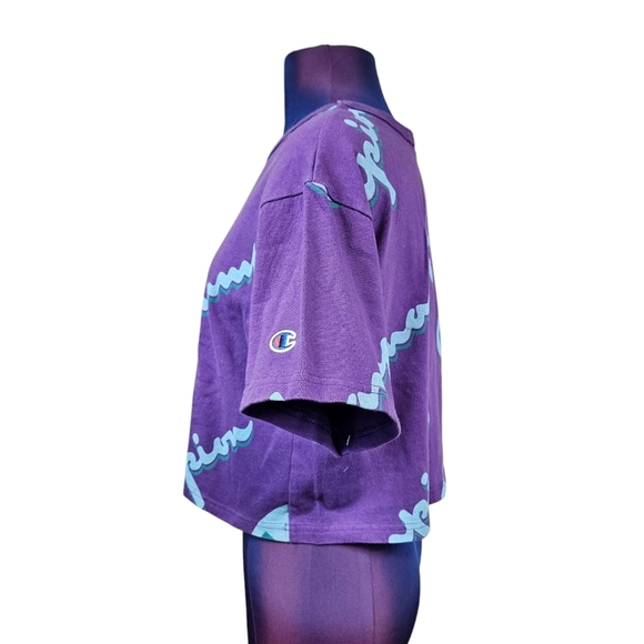 Champion Reverse Weave Purple Script Logo Cropped Tee-Shirt Size Small Women J1 - Picture 3 of 7